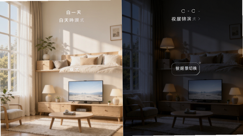主体为锦宿Xiu智能场景切换演示,布局展示白天明亮模式与夜晚深色模式的分屏对比,排版上下结构,风格温馨舒适,细节显示光线柔和过渡效果,画质细腻,无杂乱背景