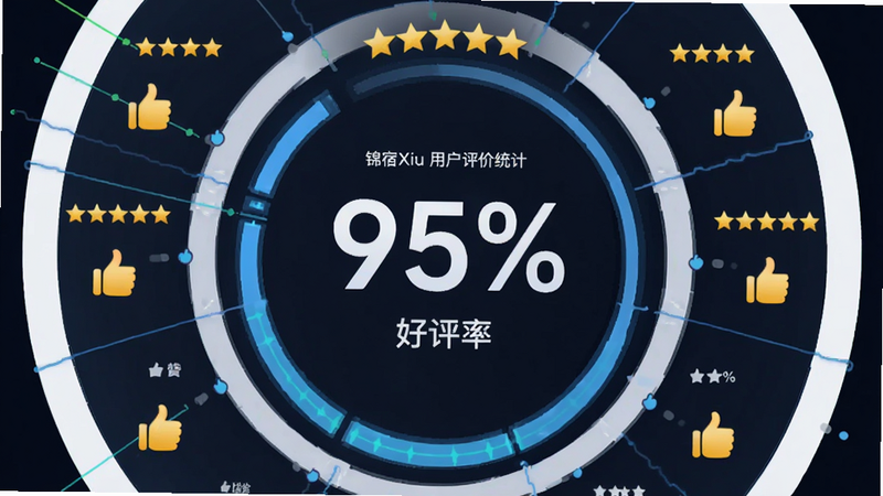 主体为锦宿Xiu用户评价统计仪表盘,布局中央显示95%好评率大数字,周围环绕多个五颗星评价图标,排版环形结构,风格数据可视化,细节显示点赞手势图案,画质高清,干净专业