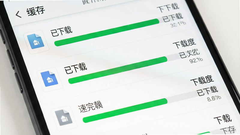 主体为手机下载管理页面,显示多个文件正在下载或已下载完成,进度条绿色满格,布局列表形式,风格简洁商务,细节处有下载速度显示,画质清晰,干净,无多余元素,文字“已下载”、“缓存”清晰可见