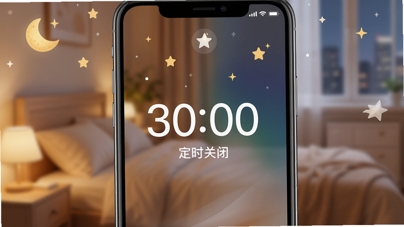 主体为手机锁屏界面或设置页面,显示倒计时数字“30:00”,布局居中,背景为模糊的卧室环境,风格温馨柔和,细节处有月亮和星星的装饰图标,画质细腻,干净,无多余元素,文字“定时关闭”清晰可见