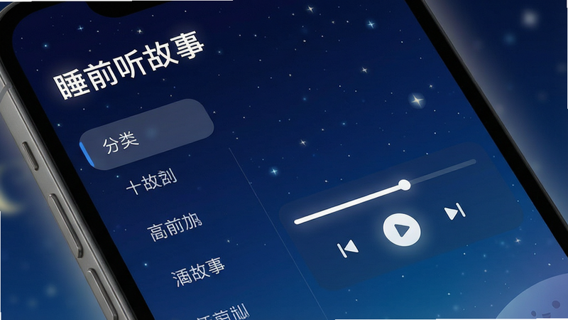 主体为手机屏幕特写,显示“睡前听故事”APP界面,布局清晰,左侧为分类列表,右侧为播放进度条,背景为深蓝色星空渐变,风格简约现代,细节处有柔和的光晕效果,画质高清,干净,无多余元素,文字“睡前听故事”清晰可见