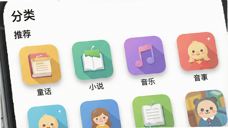 主体为打开的APP分类页面,展示不同类别的故事图标,如童话、小说、音乐,布局网格状排列,排版整齐,风格扁平化设计,细节处有轻微的阴影增加立体感,画质清晰,干净,无多余元素,文字“分类”、“推荐”清晰可见