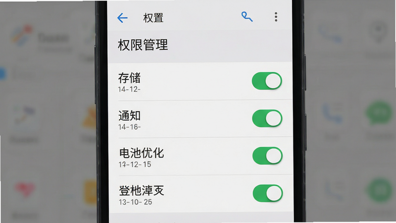 主体为手机设置权限界面,显示存储、通知、电池优化等选项,布局垂直排列,背景为系统默认灰色,风格官方简洁,细节处开关按钮为绿色,画质清晰,干净,无多余元素,文字“权限管理”清晰可见