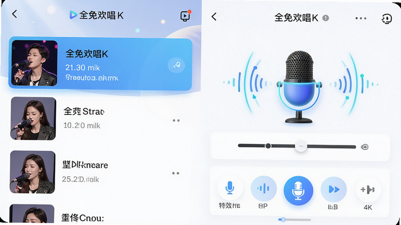 主体为全免欢唱K安卓APP的高保真UI界面展示,布局采用左右分栏结构,左侧为热门歌曲列表,右侧为麦克风调节与特效选择区域,排版清晰有序,风格为现代扁平化科技风,细节包含发光的麦克风图标与跳动的声波动画,画质4k高清,干净无多余元素,文字显示为