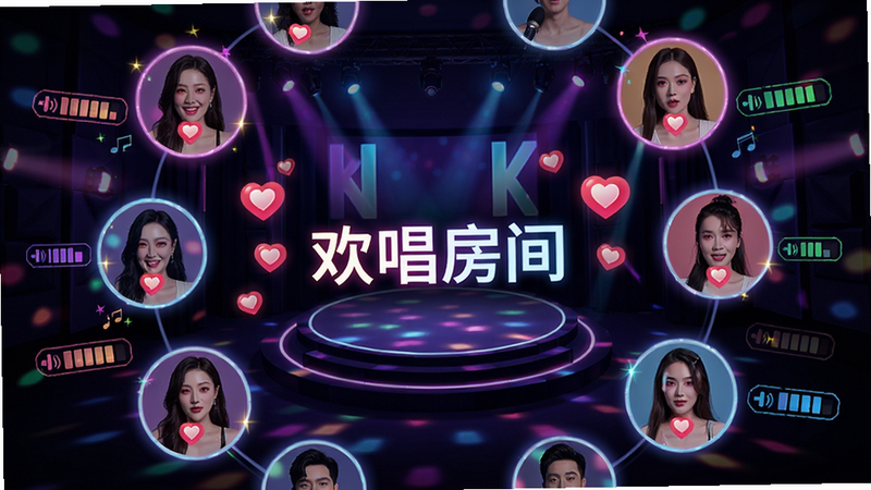 主体为全免欢唱K的多人合唱房间界面,布局为圆形头像环绕中心舞台,每个头像旁显示实时音量条,排版具有强烈的中心向视觉引导,风格为霓虹灯派对风,细节包含闪烁的彩色光效与点赞飘心动画,画质鲜艳,干净无遮挡,文字显示为