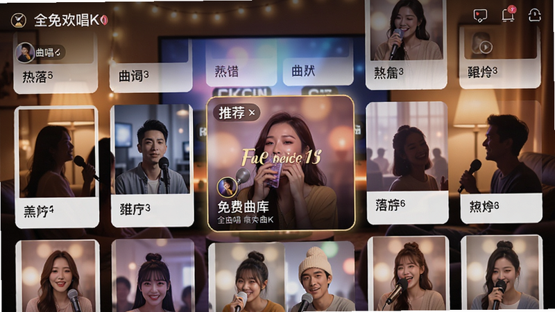 主体为全免欢唱K的曲库浏览界面,布局为网格状卡片设计,每张卡片展示歌曲封面与歌名,排版紧凑且视觉焦点集中在中间推荐的热门歌曲上,风格为温馨居家KTV氛围,细节包含柔和的灯光背景与模糊的人群剪影,画质精细,干净无水印,文字显示为