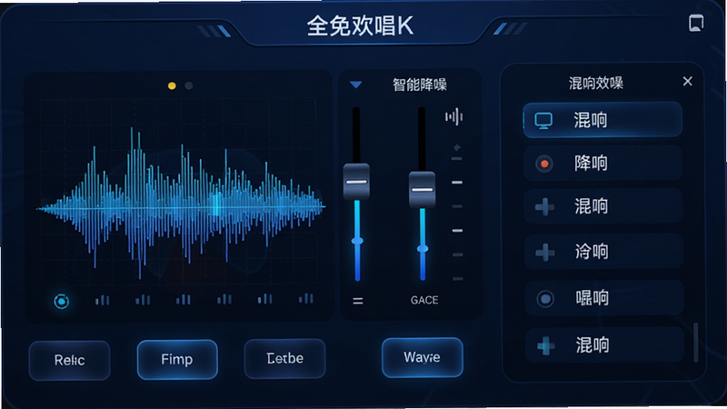 主体为全免欢唱K的音效设置面板,布局为滑块与按钮组合,左侧显示麦克风波形图,右侧为混响效果选择列表,排版直观易读,风格为深蓝色科技后台风,细节包含发光的音频频谱条与实时调节反馈,画质清晰,无杂乱背景,文字显示为