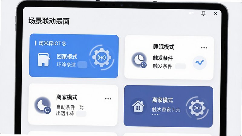 主体为阿米粹IOT场景联动设置界面,布局为列表式排列,显示'回家模式'、'睡眠模式'、'离家模式'等卡片,每个卡片内有对应的设备图标和触发条件说明,排版简洁明了,风格为清新简约风,细节处有齿轮转动表示自动运行,画质清晰,无杂乱背景,文字标注为'场景联动',展示软件的自动化功能