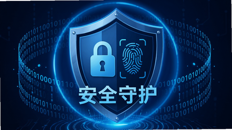 主体展示阿米粹IOT安全保护机制,布局中心为一个巨大的盾牌图标,盾牌内部显示锁形和指纹识别图案,周围环绕着代表加密数据的二进制代码流,排版紧凑有力,风格为深蓝色科技安全风,细节展现盾牌发出的保护光环,画质高保真,无干扰元素,文字标注为'安全守护',强调软件的可靠安全性