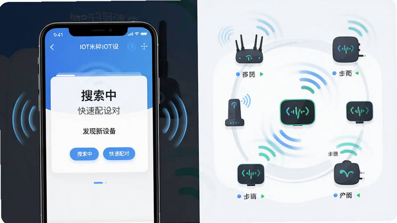 主体展示阿米粹IOT设备配对过程,布局分为左右两部分,左侧是手机APP界面显示'搜索中'和'发现新设备'的提示,右侧是多个物联网设备图标呈现连接状态,排版清晰直观,风格为扁平化科技风,细节展现信号波纹扩散效果,画质清晰,无杂乱背景,文字标注为'快速配对',突出软件的高效特性