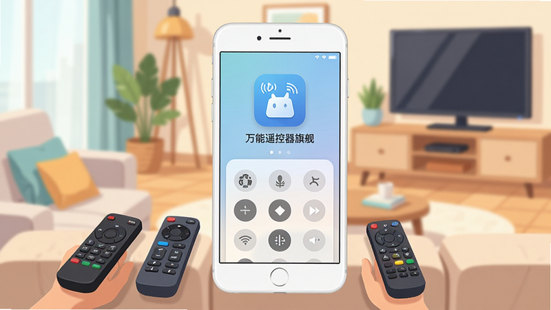 一张展示白色智能手机屏幕界面的高质量渲染图,手机屏幕上清晰显示着“万能遥控器旗舰”的应用图标和简洁的控制面板,背景是温馨的现代客厅,沙发上放着几个不同品牌的遥控器和一台电视,画面风格为扁平化插画,色彩明亮柔和,构图居中,主体突出,细节丰富,4k分辨率,无多余装饰