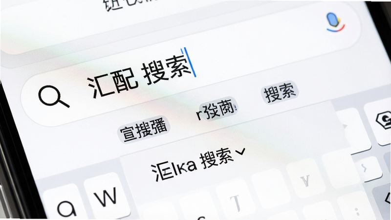 搜索界面特写,主体为手机搜索框,布局突出输入框和下方联想词,排版简约,风格白色背景黑色文字,细节包含放大镜图标、键盘、下拉联想列表,画质高清,干净,文字内容: