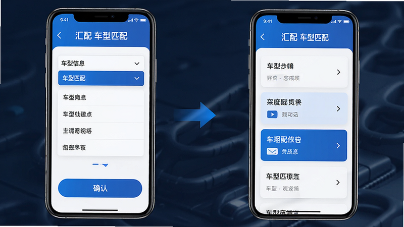 展示车型匹配流程的示意图,主体为手机界面,布局分为两步:第一步输入车型信息,第二步显示匹配结果列表,排版逻辑严密,风格科技感蓝色调,细节包含下拉菜单、确认按钮、列表项高亮,画质清晰,干净,文字内容: