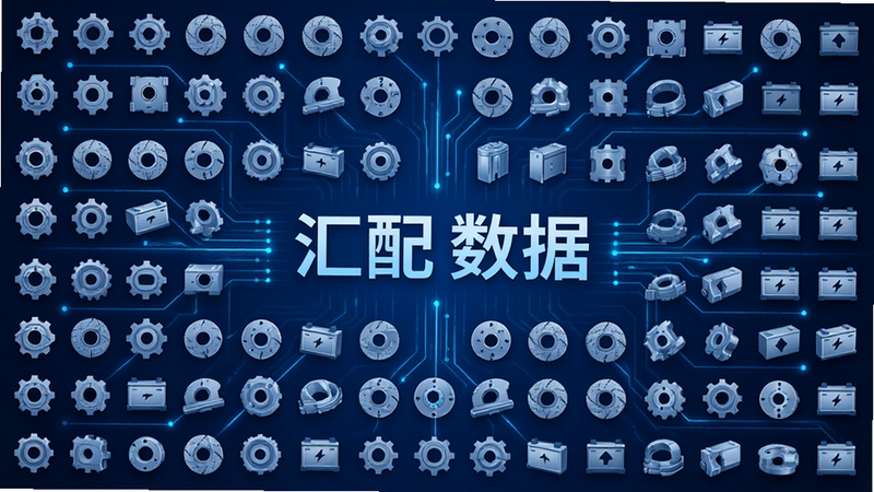 配件数据库可视化图表,主体为大量零件图标组成的矩阵,布局密集有序,排版呈现数据流形式,风格深蓝背景配发光线条,细节包含齿轮、刹车盘、电池等图标,画质细腻,干净,无多余元素,文字内容: