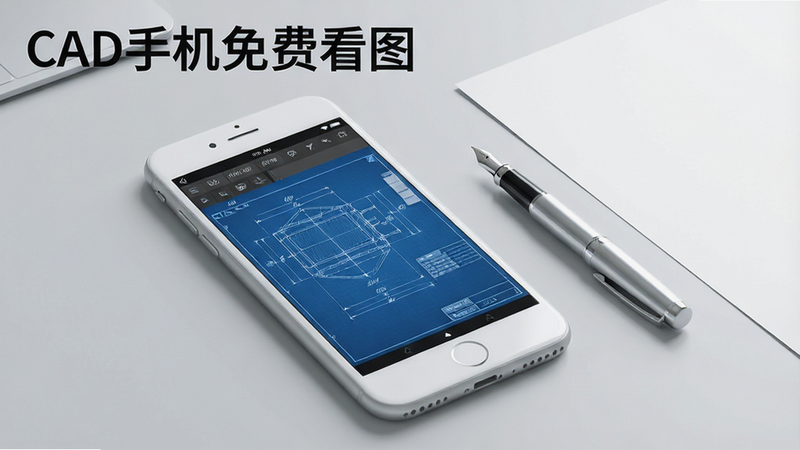 主体为一部白色智能手机,屏幕显示着蓝色的CAD工程图纸界面,背景为浅灰色极简办公桌面,手机旁边放置着一支银色钢笔和一张白纸,整体风格现代简约,高清画质,干净无多余元素,文字“CAD手机免费看图”清晰可见于手机顶部