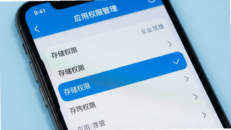 主体为手机设置界面,显示“应用权限管理”页面,其中“存储权限”被高亮选中,背景为浅蓝色,风格清晰直观,细节准确,画质高清,无多余元素