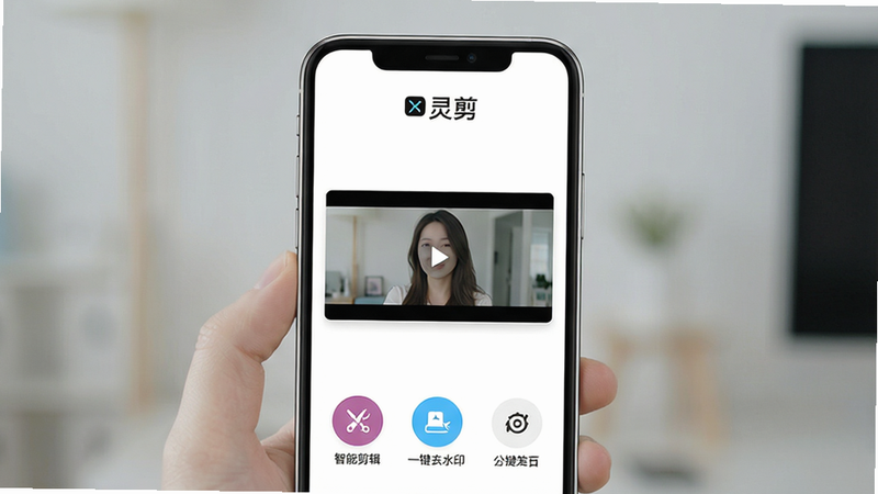 一张展示“灵剪”APP主界面的高清图片,主体为手机屏幕,显示简洁的白色背景界面,顶部有“灵剪”Logo,中间是视频预览窗口,底部有“智能剪辑”、“一键去水印”等圆形功能按钮,布局整洁,风格现代简约,细节清晰,画质干净,无多余元素