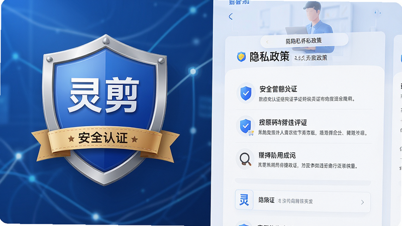 展示“灵剪”APP安全认证徽章与隐私政策页面,主体为盾牌图标与文字列表,布局清晰,风格专业,细节严谨,画质高清,无多余元素