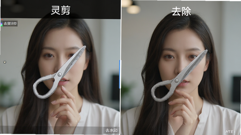 展示“灵剪”APP去水印功能的对比图,左半部分为带有水印的视频画面,右半部分为去除水印后的清晰画面,中间有分界线,主体突出,布局对比鲜明,风格写实,细节精致,画质细腻,无多余元素