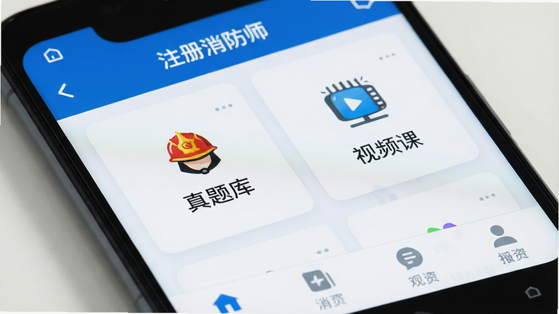 ����Ϊ��׿�ֻ���Ļ��д����Ļ��ʾ��ע������ʦ��APP���棬���ַ�Ϊ�������������в����Ĺ��ܿ�Ƭ��������⡢��Ƶ�Σ����ײ�Tab�˵����Ű������ִ�������ƽ����ϸ�ڰ���������ͼ������֡�ע������ʦ�������ʸ��壬�ɾ����޶���Ԫ��