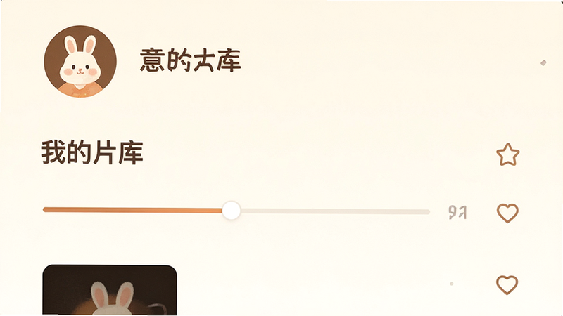 主体为意兔个人中心界面,布局为上部用户头像与下部“我的片库”列表,排版简洁直观,风格为暖色调温馨风,细节包含播放进度条与收藏图标,画质高清,干净,无多余元素,文字“我的片库”清晰可见