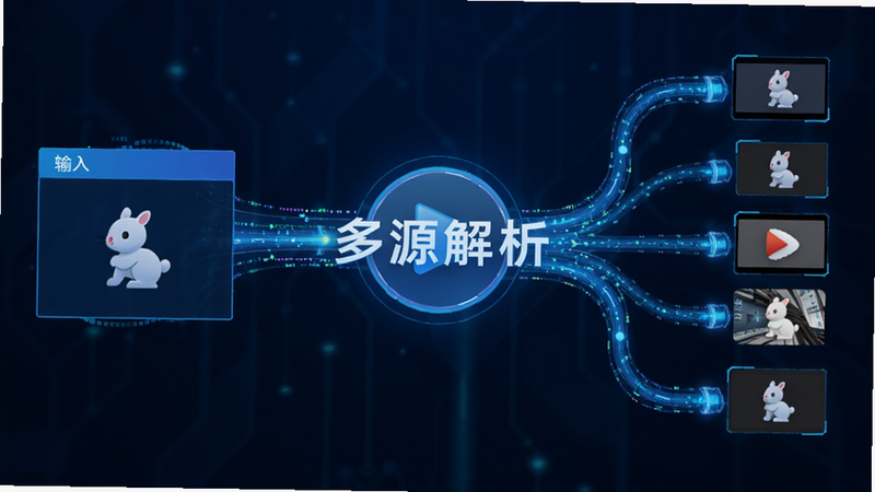 主体为意兔资源解析过程示意图,布局为左侧输入框与右侧多个视频源图标汇聚成播放按钮,排版对称平衡,风格为科技蓝色调,细节展示数据流光线连接,画质清晰,干净,无多余元素,文字“多源解析”作为视觉中心