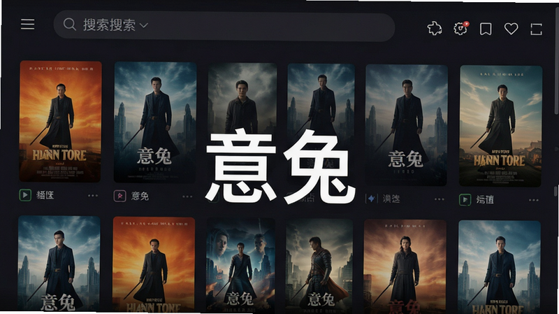 主体为意兔安卓应用界面全景,布局为顶部搜索栏与下方网格状电影海报墙,排版整洁有序,风格为现代扁平化设计,细节包含清晰的UI图标与柔和的深色背景,画质高清,干净,无多余元素,文字“意兔”醒目居中