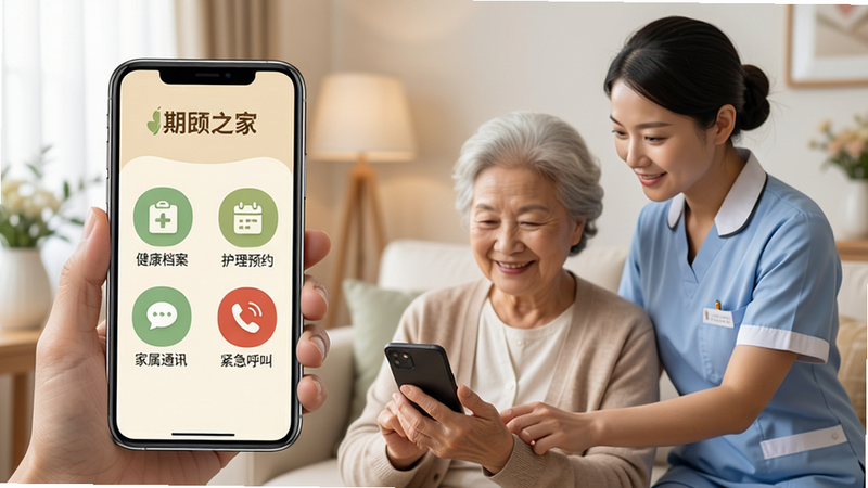 画面中心展示一部现代智能手机,屏幕清晰显示“期颐之家”APP的主界面,界面色调为温暖的米白色与柔和的绿色,顶部有醒目的“期颐之家”Logo,下方排列着“健康档案”、“护理预约”、“家属通讯”、“紧急呼叫”四个大图标,背景是温馨的居家养老场景,一位老人正微笑着看着手机,旁边有一位身穿制服的专业护理人员正在协助,整体风格为写实商业摄影,高清,明亮,无多余杂乱元素,突出科技与人文关怀的结合