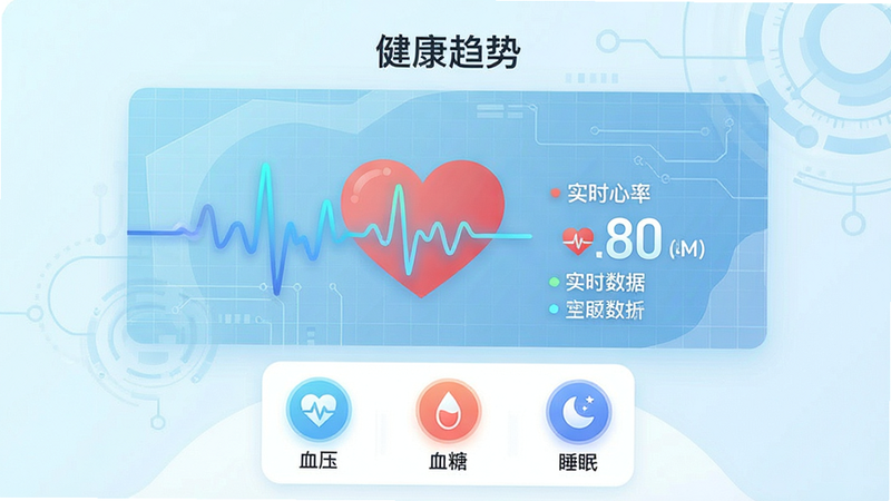展示期颐之家APP的健康监测界面,屏幕中央是一个动态的心形波形图,旁边显示实时心率数值,背景为淡蓝色科技网格,下方有三个小图标分别代表“血压”、“血糖”、“睡眠”,整体风格简洁现代,UI设计清晰,色彩柔和,高清矢量图风格,无水印,文字清晰可见“健康趋势”、“实时数据”