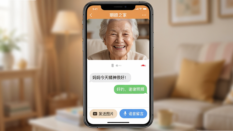 展示期颐之家APP的家属互动界面,上方是视频通话窗口,显示一位老人开心的笑脸,下方是聊天对话框,气泡中显示“妈妈今天精神很好!”和“好的,谢谢照顾”,界面底部有“发送图片”、“语音留言”按钮,整体色调温馨,背景虚化处理,突出屏幕内容,高清,真实感强,文字清晰