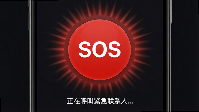 展示期颐之家APP的紧急呼叫界面,屏幕中央是一个巨大的红色圆形按钮,上面写着醒目的白色大字“SOS”,周围有放射状的光晕效果,下方显示“正在呼叫紧急联系人...”的状态提示,背景为深色模式,突出紧急感与科技感,高清,简洁有力,无其他干扰元素