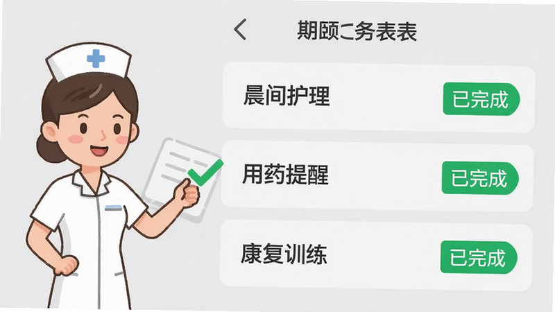展示期颐之家APP的护理任务列表界面,列表项包括“晨间护理”、“用药提醒”、“康复训练”,每项右侧有绿色的“已完成”勾选标记,界面左侧有一个穿着白色制服的护士卡通形象,正在打勾,背景为浅灰色,风格扁平化,清晰直观,突出专业与秩序感,高清,无杂乱装饰