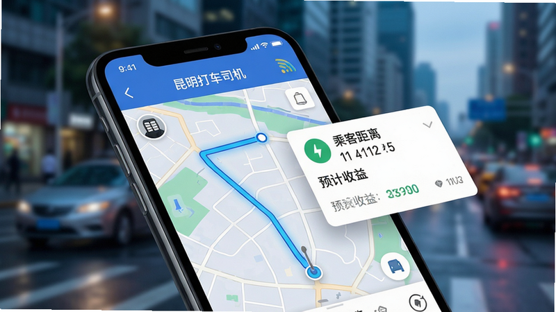 ����Ϊ�ֻ���Ļ��д����ʾ��������˾����APP�Ľӵ����棬��ͼ���ж�̬·�߹滮�ߣ��Աߵ���������Ƭ��ʾ�˿;��롢Ԥ�����棬����Ϊģ���ĳ��нֵ������Ƽ���ǿ��ϸ����ʾGPS�ź�ͼ�꣬�����������޶���Ԫ��