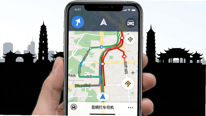 ����Ϊ�ֻ���ͼ���棬��ʾ��������˾����APP�ĵ�����ͼ����ͼ���ж�ɫ·�߱�ʶ����ɫӵ��·�����ԣ��Ϸ��е���ָ����ͷ������Ϊ������־�Խ�����Ӱ�����дʵ��ϸ����ʾ��·���ƣ����ʸ��壬�޶���Ԫ��