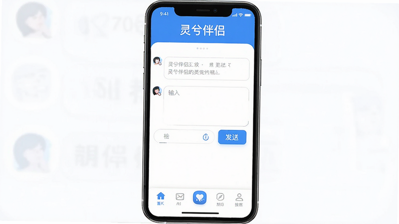 主体:灵兮伴侣APP首页界面截图,布局:顶部显示软件名称“灵兮伴侣”,中部为聊天输入框和发送按钮,底部为功能导航栏,风格:现代简约UI设计,蓝色与白色为主色调,细节:界面元素清晰,文字可读性强,画质:4K高清,干净,无多余元素