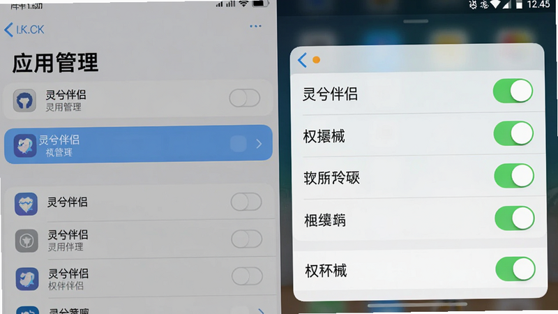 主体:手机设置界面截图,布局:显示“应用管理”列表,其中“灵兮伴侣”被高亮选中,右侧弹出权限管理面板,风格:iOS/Android混合风格,细节:权限开关状态清晰,画质:高清,干净,无多余元素