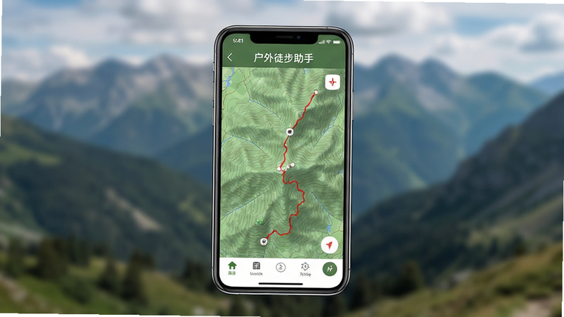 生成一张展示户外徒步助手APP界面全景图,主体为手机屏幕显示着绿色山地等高线地图和红色轨迹线,背景是模糊的山脉风景,布局清晰,排版整洁,风格写实,细节丰富,画质高清,干净,无多余元素,文字