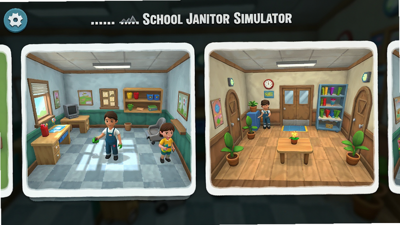 ����Ϊ School Janitor Simulator ��Ϸ�еĶ�������л����棬���ֲ��ú��򻬶���Ƭʽ��ƣ��Ű����룬���Ϊ�������õ�У԰�磬ϸ��չʾ��ͬ������ڲ����裬�����������ɾ����޶���Ԫ��