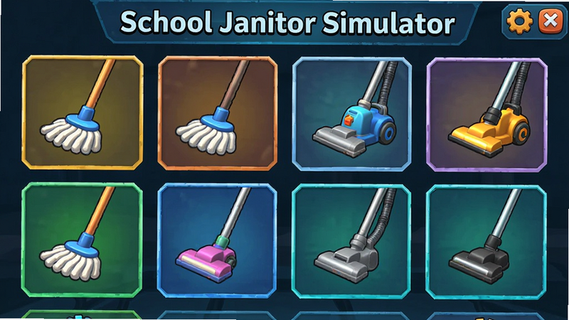 ����Ϊ School Janitor Simulator ��Ϸ�Ĺ��������̵���棬����Ϊ����״ͼ��չʾ���Ű���������Ϊ�Ƽ����뿨ͨ��ϣ�ϸ��չʾ��ͬ�ȼ����ϰѺ���������۲��죬���ʾ��£��ɾ����޶���Ԫ��