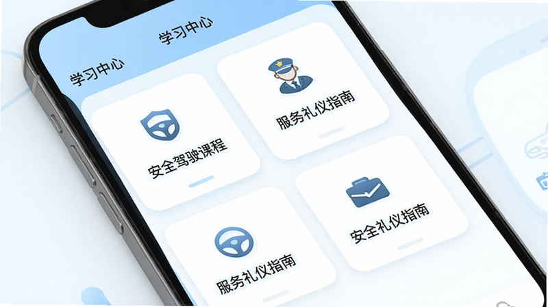չʾ���߹�����ѧϰ���ܵĽ��棬����Ϊ�ֻ���Ļ����ʾ��ѧϰ���ġ�ҳ�棬��������ȫ��ʻ�γ̡�������������ָ�ϡ���ģ�顣���ֲ��ÿ�Ƭʽ��ƣ�ÿ����Ƭ���м���ͼ��ͱ��⡣�������רҵ��ɫ����ǳ���Ͱ�ɫΪ����ϸ�ڴ�����͵�Բ�Ǵ��������ʸ��壬�ɾ��޶���Ԫ�ء�