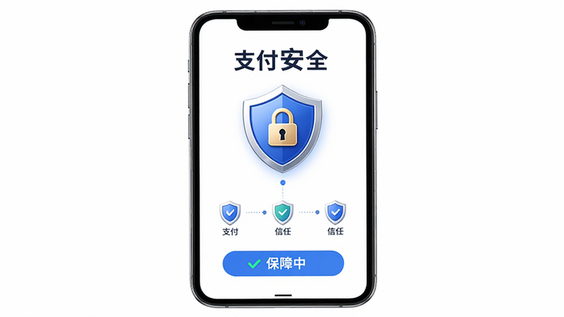 主体为支付成功界面与安全盾牌图标,布局居中对称,排版简洁大气,风格为专业商务风,细节展示支付流程节点与信任标识,画质高清,背景纯白干净,文字显示