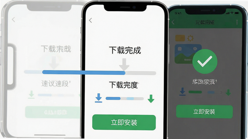 主体为手机下载进度条与安装完成界面,布局居中,排版简洁,风格为扁平化设计,细节显示下载速度图标与成功打勾标记,画质高清,背景干净,文字显示