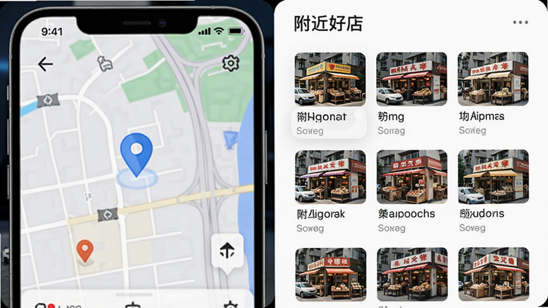 主体为手机地图界面与商家列表结合的场景,布局左侧地图右侧列表,排版紧凑合理,风格为科技感与现实结合,细节显示定位图标与店铺缩略图,画质清晰,无杂乱背景,文字标注