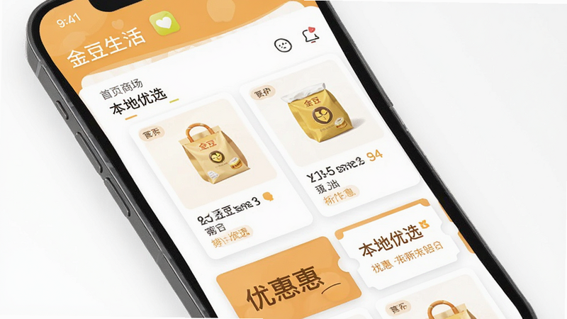 主体为金豆生活APP的手机界面预览图,布局呈现首页商城板块,排版清晰有序,风格为现代简约扁平化设计,细节展示商品卡片与优惠券模块,画质高清锐利,背景干净无多余元素,文字显示