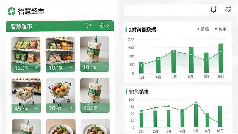 主体为智慧超市APP界面概览,布局采用左右分栏,左侧显示商品货架列表,右侧展示实时销售数据图表,排版整洁清晰,风格为现代简约商务风,细节包含“智慧超市”Logo及绿色主色调,画质高清,干净无多余元素