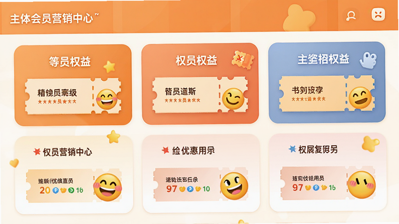 主体为会员营销中心界面,布局为卡片式排列,展示不同等级的会员权益,排版活泼,风格为暖色调,细节包含优惠券图标与笑脸表情,画质细腻,干净