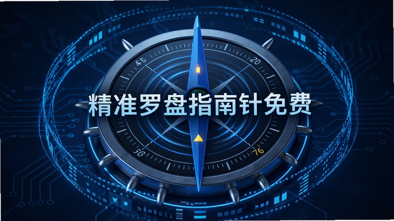 主体为科技感的电子罗盘核心组件概念图,周围环绕数据流线条,中心显示“精准罗盘指南针免费”字样,布局对称平衡,排版科技感强,风格蓝色调未来主义,细节展示传感器波纹,画质高清,干净,无多余元素