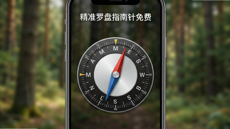 主体为手机屏幕特写,显示“精准罗盘指南针免费”APP界面,中心为高精度电子罗盘指针,背景为模糊的户外森林场景,布局居中,排版简洁现代,风格写实清新,细节清晰展示刻度线与方位标识,画质4k,干净,无多余元素