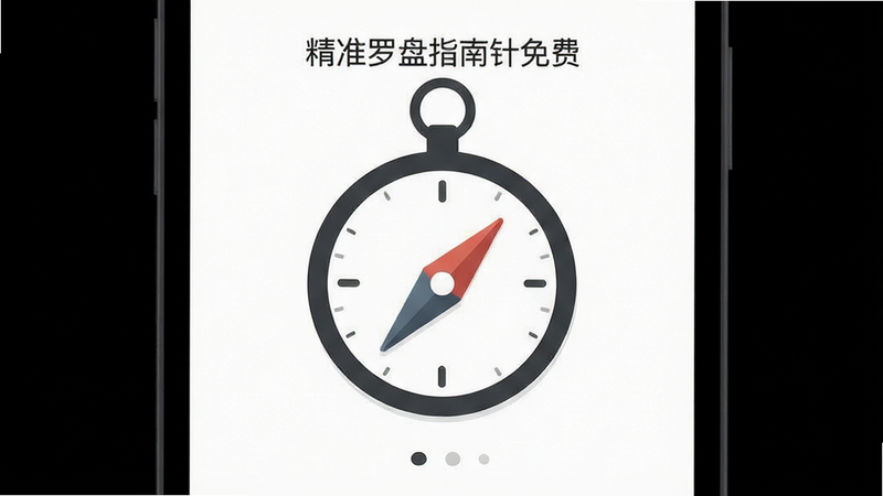 主体为极简风格手机UI设计展示,背景为纯白色,屏幕中央显示“精准罗盘指南针免费”的简洁罗盘图标,布局留白充足,排版现代扁平化,风格纯净极简,细节展示字体清晰度,画质矢量级,干净,无多余元素