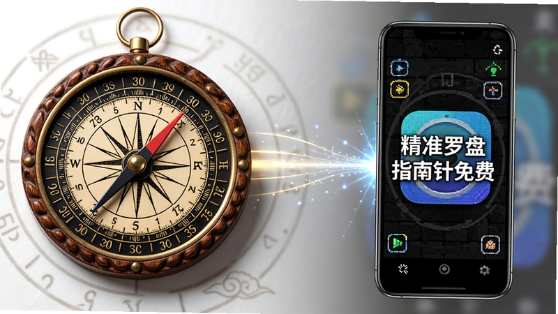 主体为风水罗盘与电子手机屏幕的对比概念图,左侧为传统木质罗盘,右侧为显示“精准罗盘指南针免费”的手机,中间有连接光线,布局平衡对称,排版传统与现代结合,风格神秘典雅,细节展示罗盘刻度与屏幕像素,画质精细,干净,无多余元素